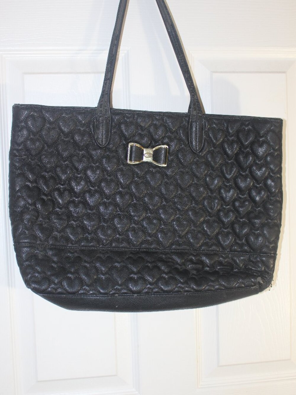 Betsey Johnson Black Embossed Heart Tote with Bow